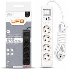 Meks Ufo Yeni 4lü Akım Korumalı Grup Priz 5 Metre Bakır Kablolu, 5V 2,4A USB ve Type-C ile Şarj, Anahtar