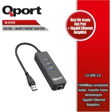 Meks Qport Q U3G 3port Usb3.0 Çoklayici ve GB Ethernet Adaptör