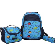 Meks Bagacar Kids Erkek Mavi Dinazor Model Kalemlikli Beslenmeli Set Sırt Çantası