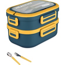 Meks 1650 ml Iki Kat Üç Bölme Paslanmaz Çelik Lunch Box Yeni Nesil Sefer Tası - Kaşık ve Çatallı -6715