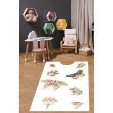 Meks Pelangi Kelebek Desen Minimalist Yıkanabilir Kaymaz Taban Leke Tutmaz Çocuk Odası Halısı, Beyaz-Kah