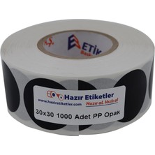 Meks Pp Opak Daire Çap Etiketi Rulo Etiket, 30MM x 30MM Çap 1000 Adet, Yuvarlak Siyah Zemin Baskılı Kont