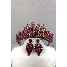 Meks Bordo Sezen Model 3 Boyutlu Kına Gelin Tacı ve Ince Mekik Küpe Takımı