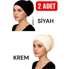 Meks 2 Adet Silikonlu Fırfırlı Bone Kaymayan Topuz Bonesi Dikişsiz Siyah Krem | Konforlu Pratik Bone