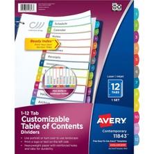 Meks Avery 3 Halkalı Klasör Için 12 Bölmeli Bölücü, Özelleştirilebilir Içerik Tablosu, Çok Renkli Sekmel
