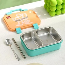 Meks Beslenme Kutusu Paslanmaz Çelik - 700 ml 2 Bölmeli Taşıma Kulplu Çocuk Beslenme Kabı (Turuncu)