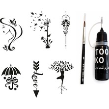 Meks Kuşlara Ögürlük Likit Kalem Uçlu Siyah Geçici Dövme Seti Fırça ve Şablon Hediyeli