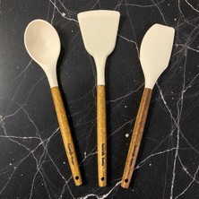 Meks Ahşap Saplı 3'lü Silikon Mutfak Gereçleri Seti - Isıya Dayanıklı Yanmaz Yapışmaz Spatula ve Servis