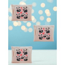 Meks Kalpli Panda Baskılı 3'lü Makyaj Çantası 20X25 cm - Seyahat Makyaj Çantası Bej, LH89327402352356234