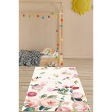Meks Pelangi Floral Suluboya Çiçekli Minimal Bohem Tarz Yıkanabilir Kaymaz Taban Leke Tutmaz Çocuk Odası