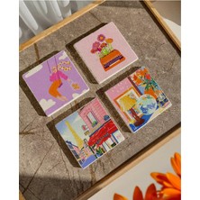 Meks Renkli Retro Desenli Doğal Taş Bardak Altlığı Seti, 4’lü