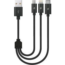 Meks Ttec Alumicable Mini Trio Lightning Micro USB 30CM Şarj Kablosu, Siyah