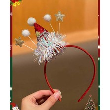 Meks Noel Taç Saç Bandı, Kırmızı Simli Noel Baba Şapkalı, Beyaz Ponponlu, Yıldız ve Tinsel Süslemeli, Ye