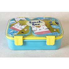 Meks Renkli Kedi Desenli Beslenme Kutusu - 700 ml 2 Bölmeli Taşıma Kulplu Çocuk Beslenme Kabı Pp (Mavi)