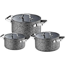 Meks Brioni Stone-Age 6 Parça Çizilmez Yanmaz Yapışmaz Indüksiyonlu Midi Tencere Seti 16 Cm,18 Cm, 20 cm