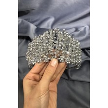 Meks Açık Gümüş Kristal Boncuklu Gelin ve Kına Tacı