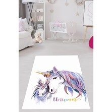 Meks Pelangi Unicorn At Desenli Halı Dijital Baskı Yıkanabilir Kaymaz Taban Beyaz Çocuk Odası Halısı, Ma