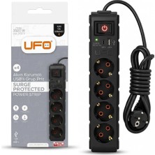 Meks Ufo Yeni 4lü Akım Korumalı Grup Priz 2,5 Metre Bakır Kablolu, 5V 2,4A USB ve Type-C ile Şarj, Anaht