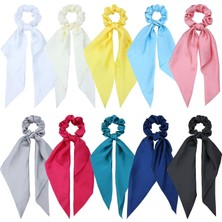 Meks Lawie 10'lu Paket Renkli Düz Saten Uzun Kurdele Düğümlü Saç Fiyonkları Scrunchies Saç Bağları At Ku