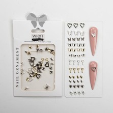 Meks 48LI Kalp ve Kelebek Dizayn Metal Tırnak Süsleme Charm Nail Art Charm Taşları WN-521