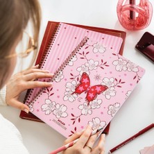 Meks A4 Spiralli Karton Kapak 2’li Set Çizgili Okul Defteri 80 Yaprak, Ders Programlı Pembe Kelebek