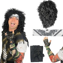 Meks Watt's Wigs - 80'ler Saç Metal Rocker Kostüm Seti - Glam Rock Band Siyah Kıvırcık Peruk Şal Desenli