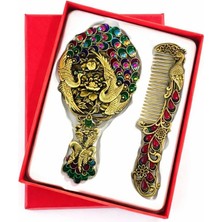 Mey İthalat Vintage Aynalı Tarak Seti, Altın Renkli Metal, Renkli Taşlı, Tavus Kuşu ve Çiçek Desenli, 2 Parça, Hediye Kutulu