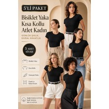 Loule Kadın Bisiklet Yaka Kısa Kollu 5'li Basic Tişört - Pamuklu & Modal Esnek Kumaş