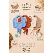 3Baby 8'li Set / %100 Organik Pamuk 8 Katlı Müslin Bebek Önlük 4 Adet / 8 Katlı Müslin Emzik Askısı 4 Adet / Bebek Hediyelik