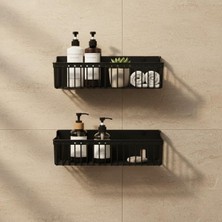 Meks Yapışkanlı Plastik Siyah Banyo ve Mutfak Rafı – Su Tahliyeli Duş Organizeri, Askılı Düzenleyici (2’