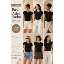 Loule Kadın Bisiklet Yaka Kısa Kollu 6'lı Basic Tişört - Pamuklu & Modal Esnek Kumaş
