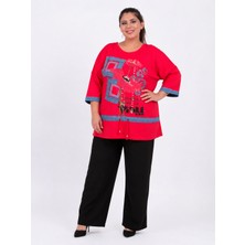AlanyaXXL Büyük Beden Çiçek Motifli Belden Bağlamalı Tunik Taşlı Bluz