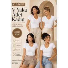 Loule Kadın 4 Adet V Yaka Pamuklu & Modal Kısa Kollu Basic Esnek Tişört - 4'lü Avantaj Paketi