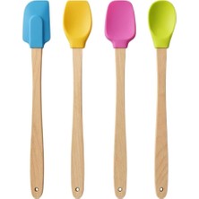 Mey İthalat 4'lü Silikon Metal Kancalı Set - Ahşap Saplı, Isıya Dayanıklı Spatula ve Mutfak Servis Seti