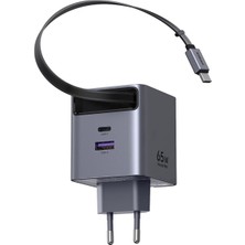 Valor Ugreen 65W Makaralı Dahili Kablolu Gan Hızlı Şarj Cihazı, 2xusb-C, 1xusb-A, Gri, 65825