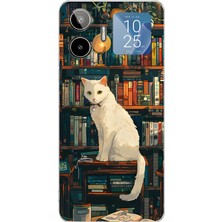 TechTree General Mobile Gm 26 Pro Uyumlu Kitaplık Beyaz Kedi Tasarımlı Baskılı Silikon Kılıf