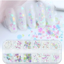 Valor Holografik Parlak Şeffaf Tırnak Süsleme Folyo Pulları Karışık Dizayn Kelebek Kalp Yıldızlar Nail Ar