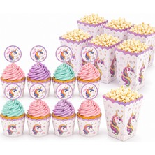 Bkmc Unicorn Doğum Günü Cupcake Seti – 8 Cupcake Kalıbı + 8 Kürdan Süsü + 8 Mısır Kutusu | Tek Boynuzlu At Parti Ikram Seti 24 Parça
