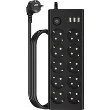 Uslucan Alışveriş Çoklu Priz 10 Lu + 3 USB + 1 Type-C 3680W 16A Anahtarlı Akım Korumalı Uzatma Prizi (2 Metre Kablo) FTR14