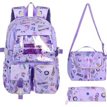 Çanta Trend Kawaii Kore Tarzı Twil Kumaş Desenli Sırt Çantası,beslenme Çantası ve Kalemlikli Üçlü Set