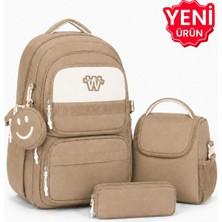 Çanta Trend 4’lü Saten Kumaş Su Geçirmez, Ilkokul Çantası Seti Beslenme Çantası Kalemlik ve Aksesuar Çantalı
