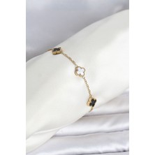 316L Çelik Gold Renk Siyah Beyaz Baby Yonca Model Kadın Bileklik