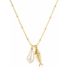 Lovecharm Gold Renk Barok Inci ve Balık Iskeleti Figürlü Kadın Kolyesi