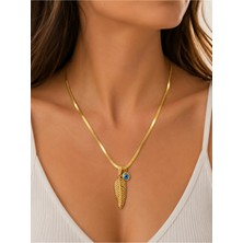 Poseidons Jewellery Gold Renk Yaprak Figürlü Nazar Boncuklu Yassı Zincir Kadın Kolyesi