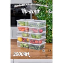 Valor Arel - 10'lu Set Saklama Kabı, 10 Adet 2500ML Kare Şeffaf Kendinden Kapaklı Saklama Kabı, Bpa Içerm