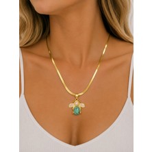Lovecharm Gold Renk Arı Figürlü Turkuaz Doğal Taş Detaylı Yassı Zincir Kadın Kolyesi