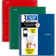 Mey İthalat Five Star Spiral Defter + Çalışma Uygulaması, 3'lü Paket, 3'lü Konu, Kolej Çizgili Kağıt, Mücadele Mürekkep Kanaması, Suya Dayanıklı Kapak, 8-1/2 "x 11", 150 Yaprak, Yeşil, Kırmızı, Mavi (820193)