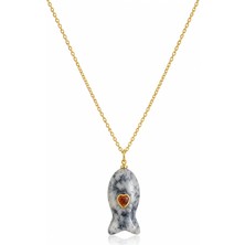 Poseidons Jewellery Gold Renk Doğal Taş Balık Figürlü Kalp Detaylı Kadın Kolyesi