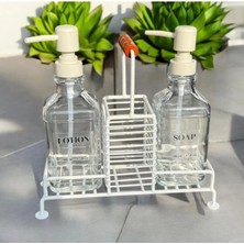 Krem 2’li Metal Standlı Cam Sıvı Sabun ve Sabunluk 500 ml Krem