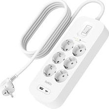 Belkin 6'lı Çoklu Priz, Yüksek Gerilim Korumalı, Duvara Montaj, 6 Priz, 2 M Güç Kablosu, Yeşil Işıklı Gösterge, Hızlı Şarj Için Usb-C ve Usb-A Bağlantısı; 650 Jul Koruma